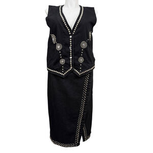 Vintage Apache Black Studded Western Vest & Skirt Set Cotton USA XL 2X